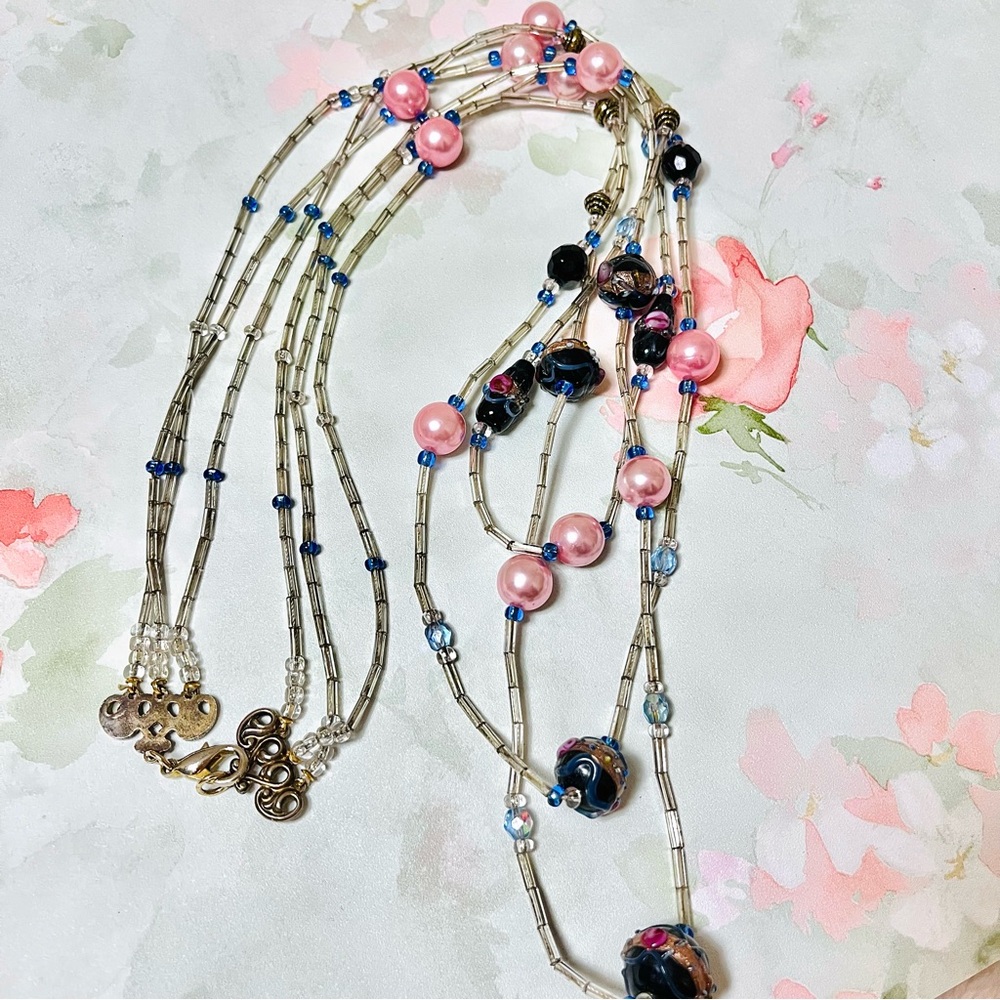 Vintage 3-strand Wedding Cake Beaded Necklace with Bugle Beads & Pink Pearls - Picture 12 of 15